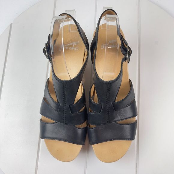 Dansko Black Leather Wedge Sandals - Picture 6 of 7